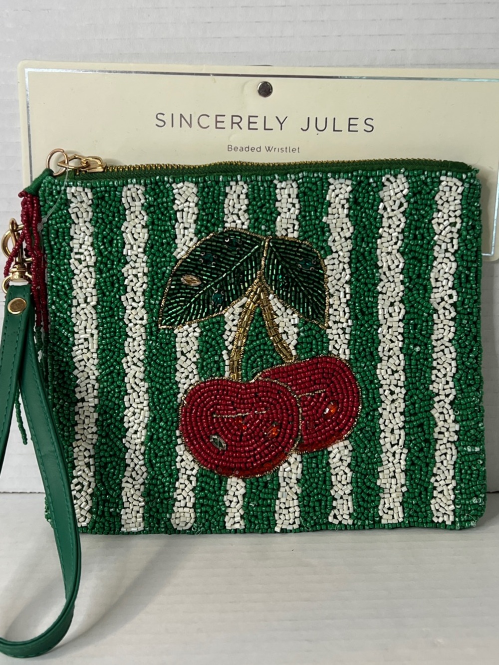 Sincerely Jules Cherry Green White Stripped Beaded Wristlet New
